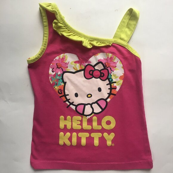 Hello Kitty Girls One Shoulder Ruffle Tank Shirt Size 5 Pink Neon Heart - Picture 1 of 11